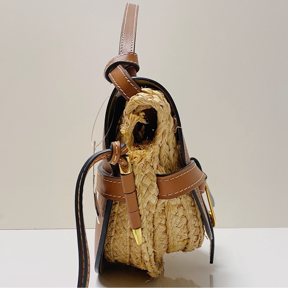 Loewe Gate Cognac Tan Leather Brown Woven Raffia Top Handle Bag Spain - Picture 2 of 9